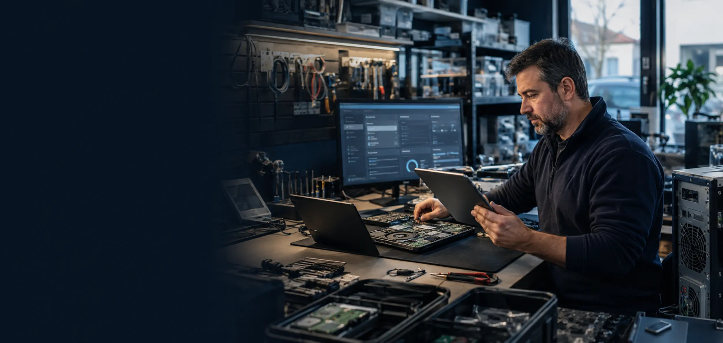 Técnico numa oficina de informática com computadores em reparação